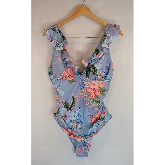 Cupshe Other - Cupshe Tropical Floral Ruffle One Piece Swimsuit Hibiscus Lace Up Back Womens XL